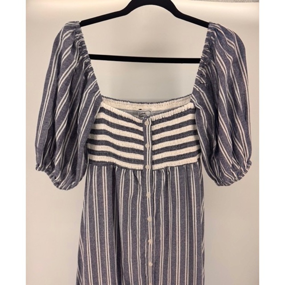 Love Tomas Emerson Fry NEW Striped Blue White Smocked Puff Sleeve Dress MEDIUM - Picture 8 of 9